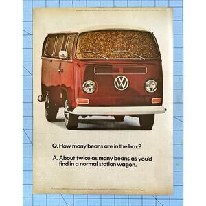 1968 VW Volkswagen Bus “How Many Beans are in the Box?” Color Photo Ad
